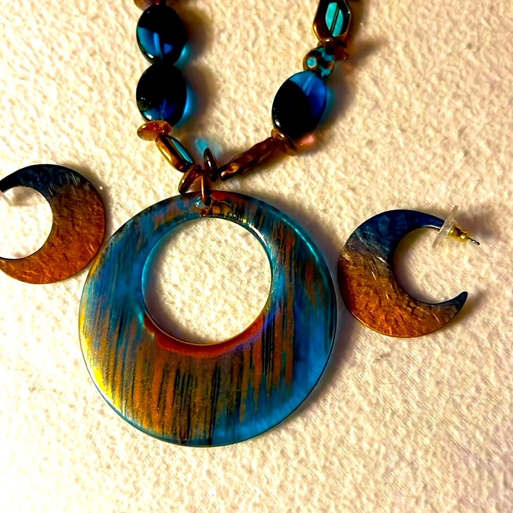 Chico’s Necklace and Earrings.  Blue and Copper.  20”.